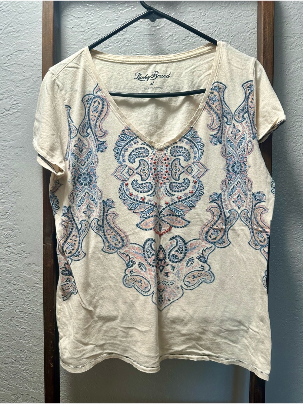 Lucky Brand Cream V-Neck Paisley Tee with Blue and Pink Accents